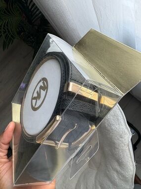 Michael Kors Black Leather Belt with Gold-Tone Hardware